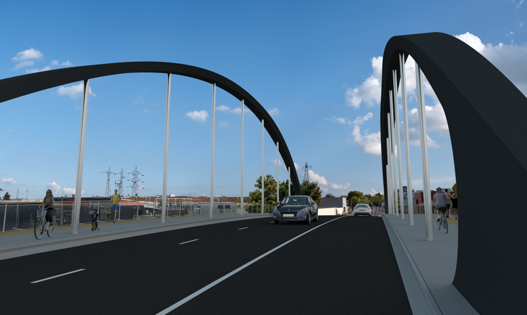 Vue du futur pont de Witry, avec de chaque coté un large espace protégé pour les piétons et les vélos.